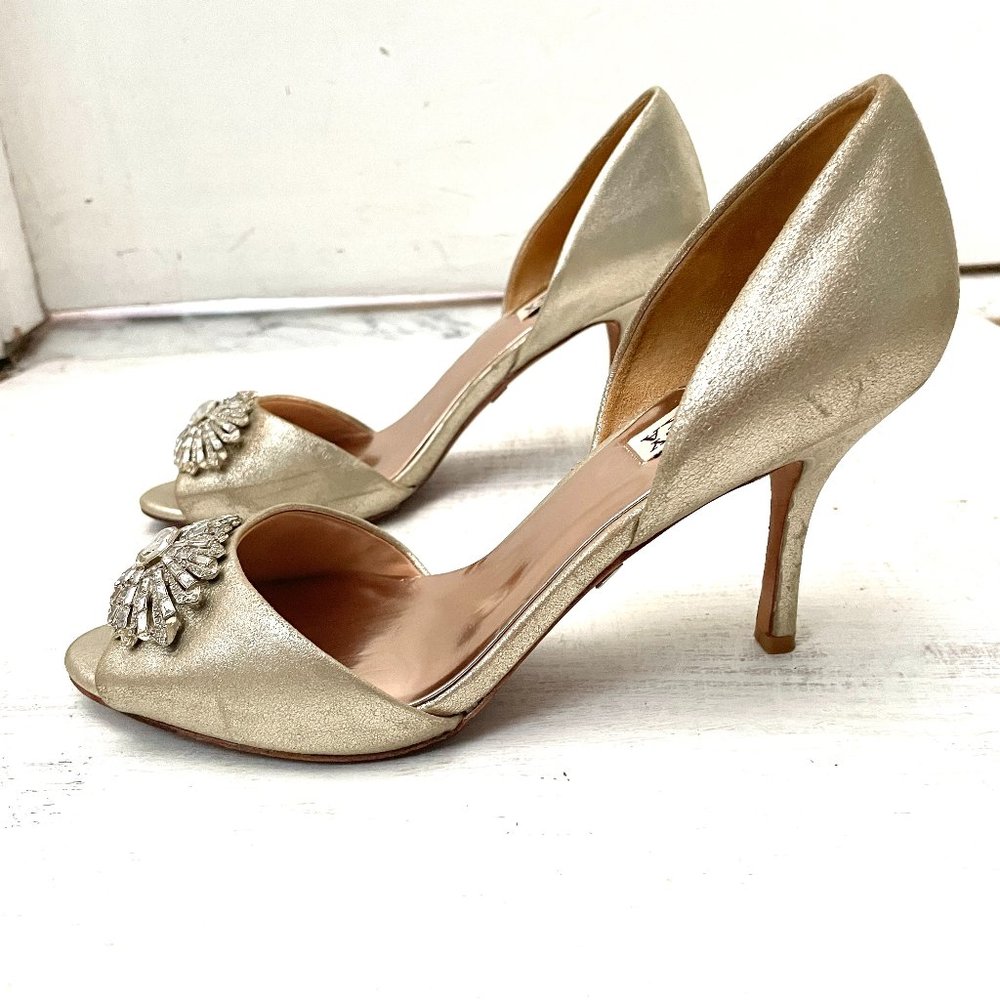 Badgley Mischka Champagne D'Orsay Peep Toe Heels with Rhinestones Size 8 - Picture 11 of 13